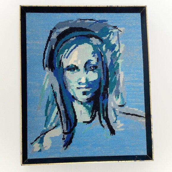 Vintage MCM Mysterious Blue Woman Tapestry Portrait by Penelope, Titled 'Farida' - Picture 1 of 5